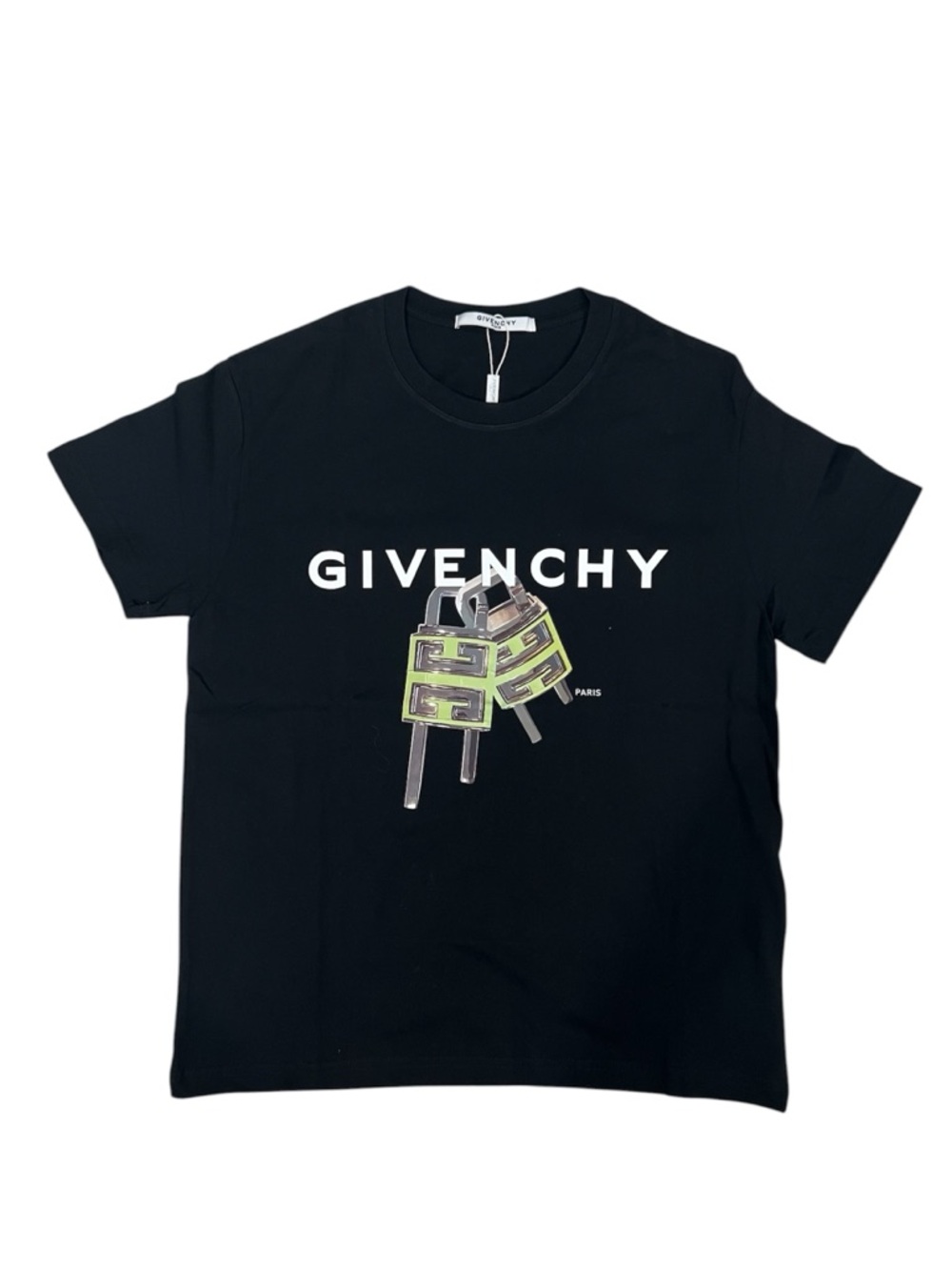 Givenchy Black Tee with Neon Green Padlock Graphic